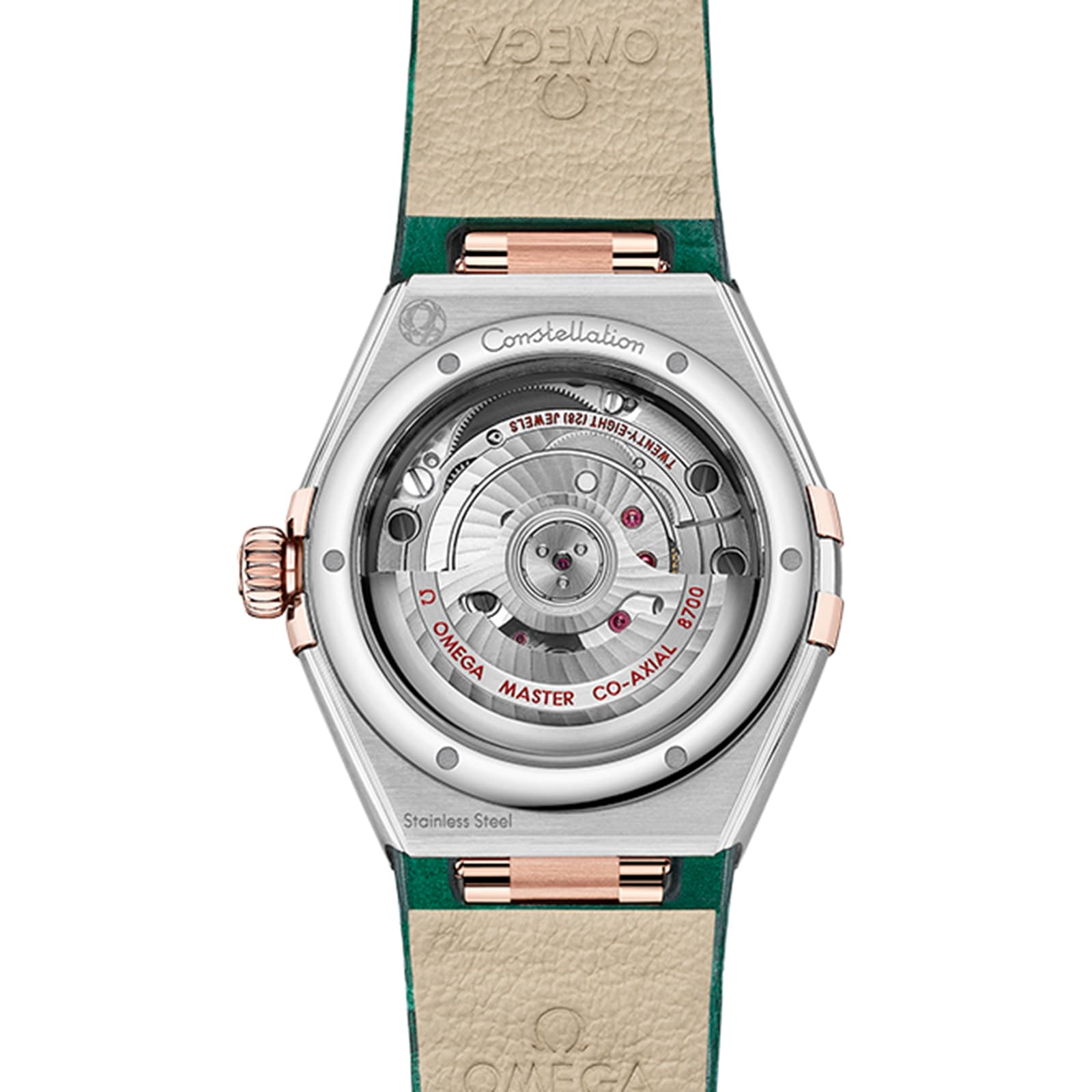 Back view of the OMEGA Constellation watch features a transparent caseback that reveals its master chronometer-certified movement and stainless steel components, engraved with technical details.