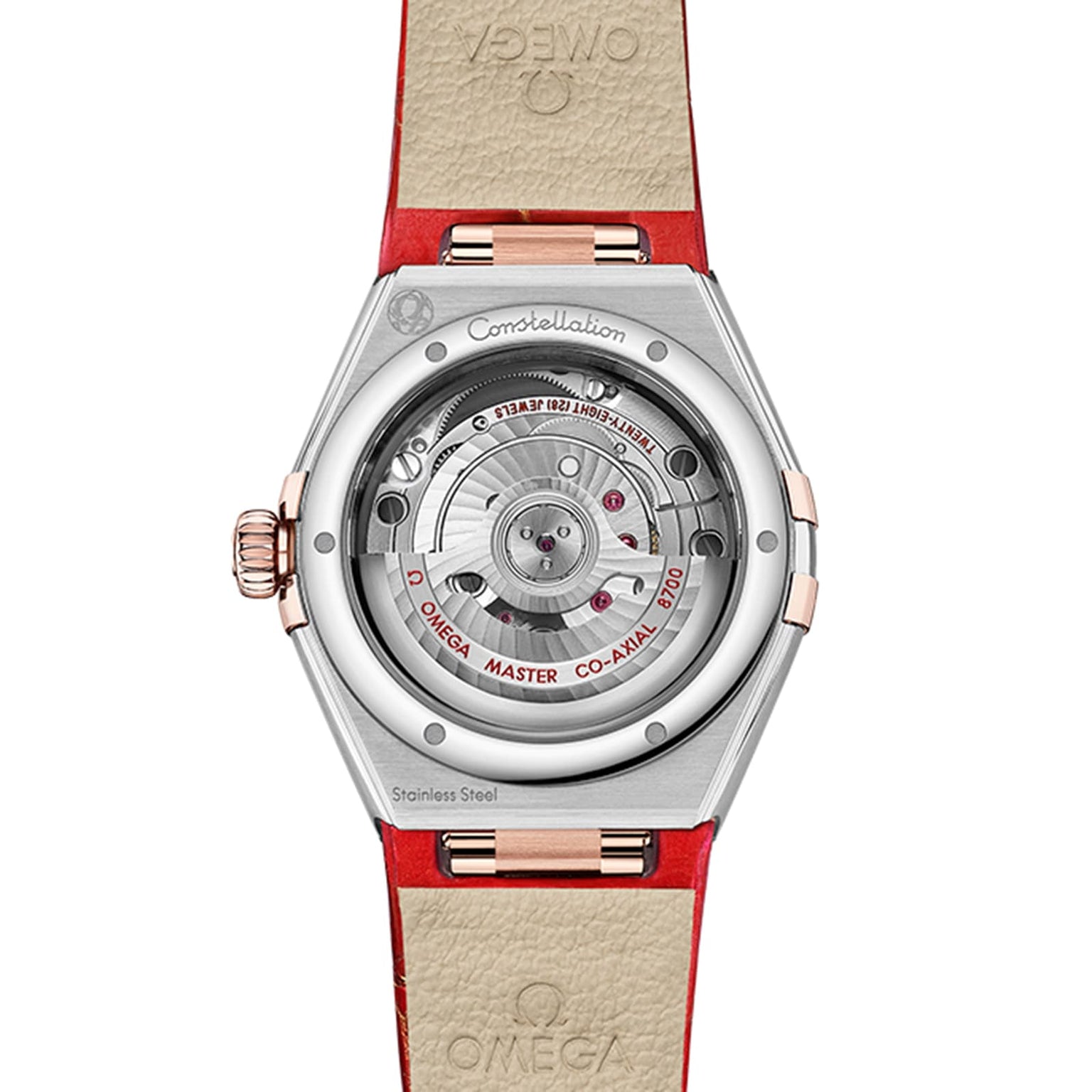 The back of the OMEGA Constellation features a transparent case, unveiling the Master Chronometer 8700 calibre, paired with a red and beige leather strap.