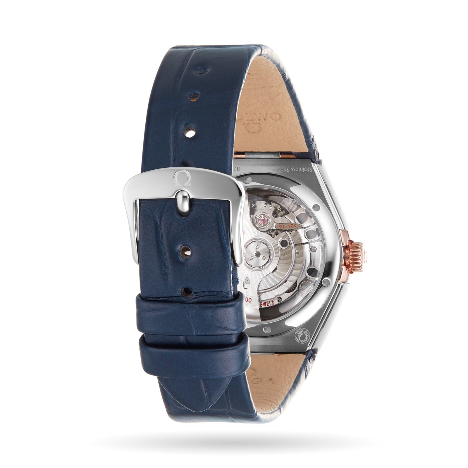Back view of the OMEGA Constellation wristwatch with a blue leather strap, silver buckle, and a transparent case back showcasing its movement—an elegant hallmark of the Constellation collection.