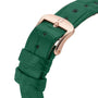 A close-up of the OMEGA Constellations green leather strap, featuring an 18K Sedna™ gold buckle engraved with the OMEGA logo.