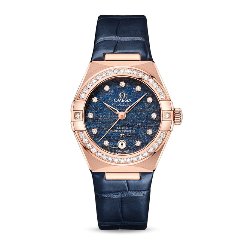 OMEGA Constellation watch featuring a blue Aventurine dial, diamond markers and bezel, 18K Sedna™ gold case, and blue leather strap—an exquisite addition to the iconic Constellation collection.