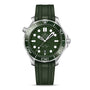 An OMEGA Seamaster Diver 300M stainless steel watch with a green wave-pattern dial, white indices, and a green rubber strap, featuring outstanding water resistance, displayed on a plain white background.