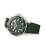 An OMEGA Seamaster Diver 300M in green with a matching rubber strap, silver bezel, and white hour markers is displayed against a white background.