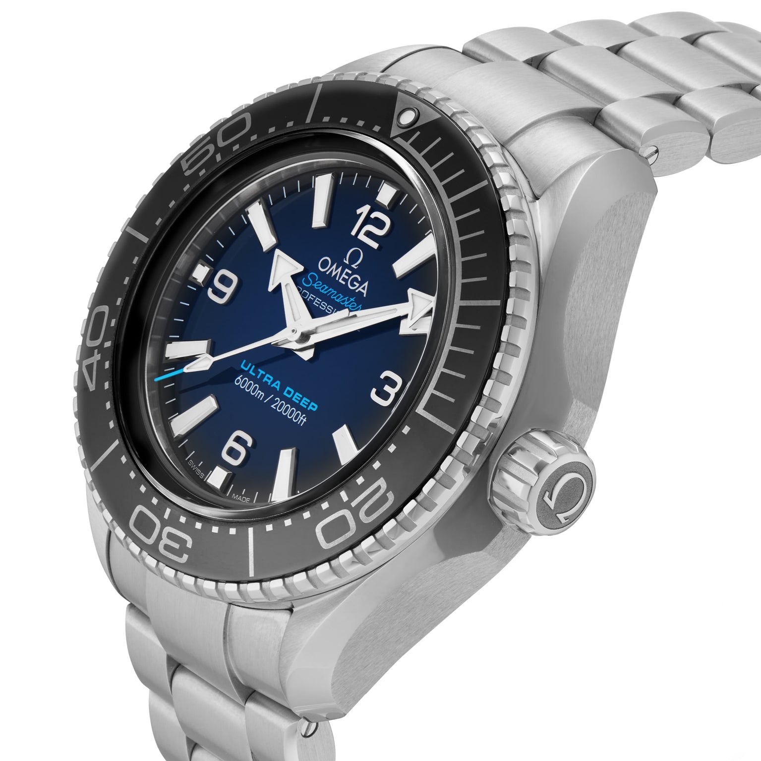 The OMEGA Seamaster Planet Ocean 6000M, crafted in stainless steel with a black bezel, blue dial, and metal bracelet, stands out as an exceptional saturation divers’ watch—shown from an angled side view.