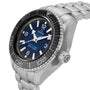 The OMEGA Seamaster Planet Ocean 6000M, crafted in stainless steel with a black bezel, blue dial, and metal bracelet, stands out as an exceptional saturation divers’ watch—shown from an angled side view.