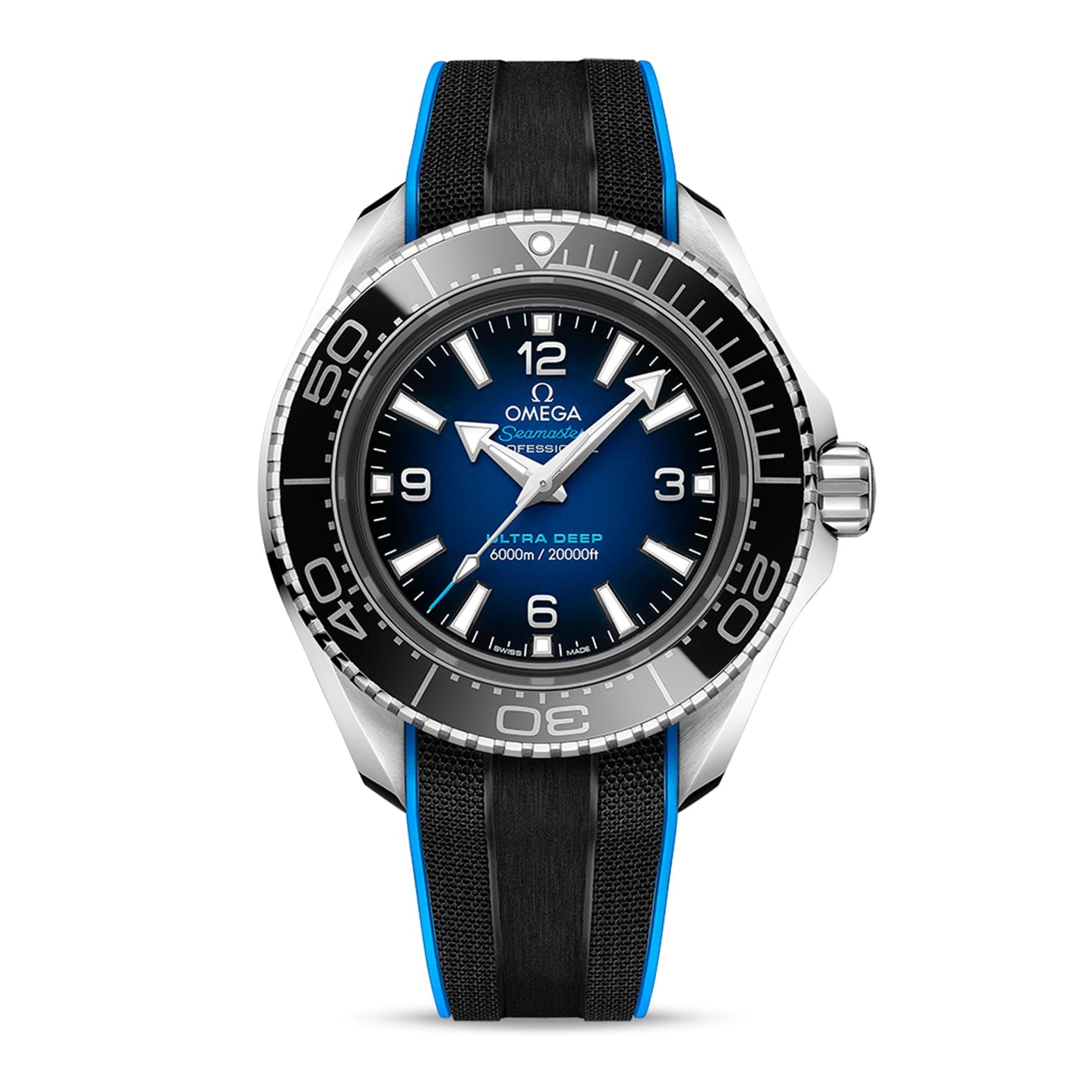 A close-up of an OMEGA Seamaster Planet Ocean 600M wristwatch with a blue and black dial, white markings, and a black strap with blue edges, featuring the robust O-MEGASTEEL case and precise 8912 calibre movement.