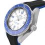 A close-up of the OMEGA Seamaster Planet Ocean 6000M watch with a blue bezel, white dial, black strap, and robust case highlights its exceptional water-resistant design.