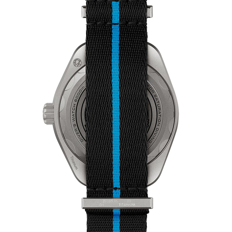 The image shows the back of an OMEGA Seamaster Planet Ocean 6000M dive watch with a black strap and a blue center stripe, highlighting its metal case and engraved details.
