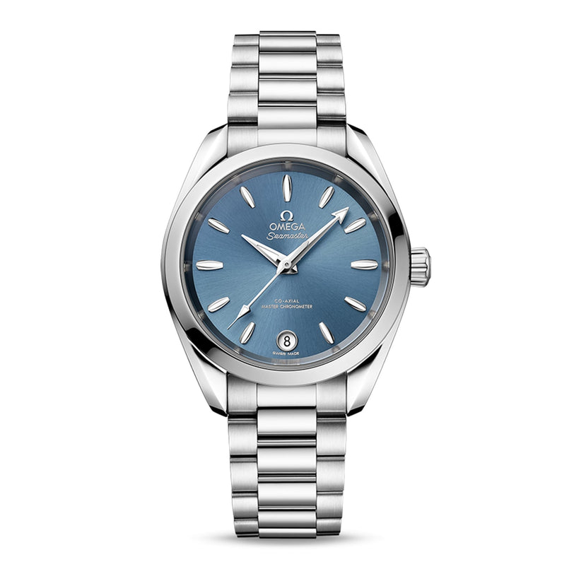 The OMEGA Seamaster Aqua Terra Shades is a stainless steel wristwatch featuring a blue dial, silver hour markers, a date display at 6 o’clock, and comes on a metal bracelet.