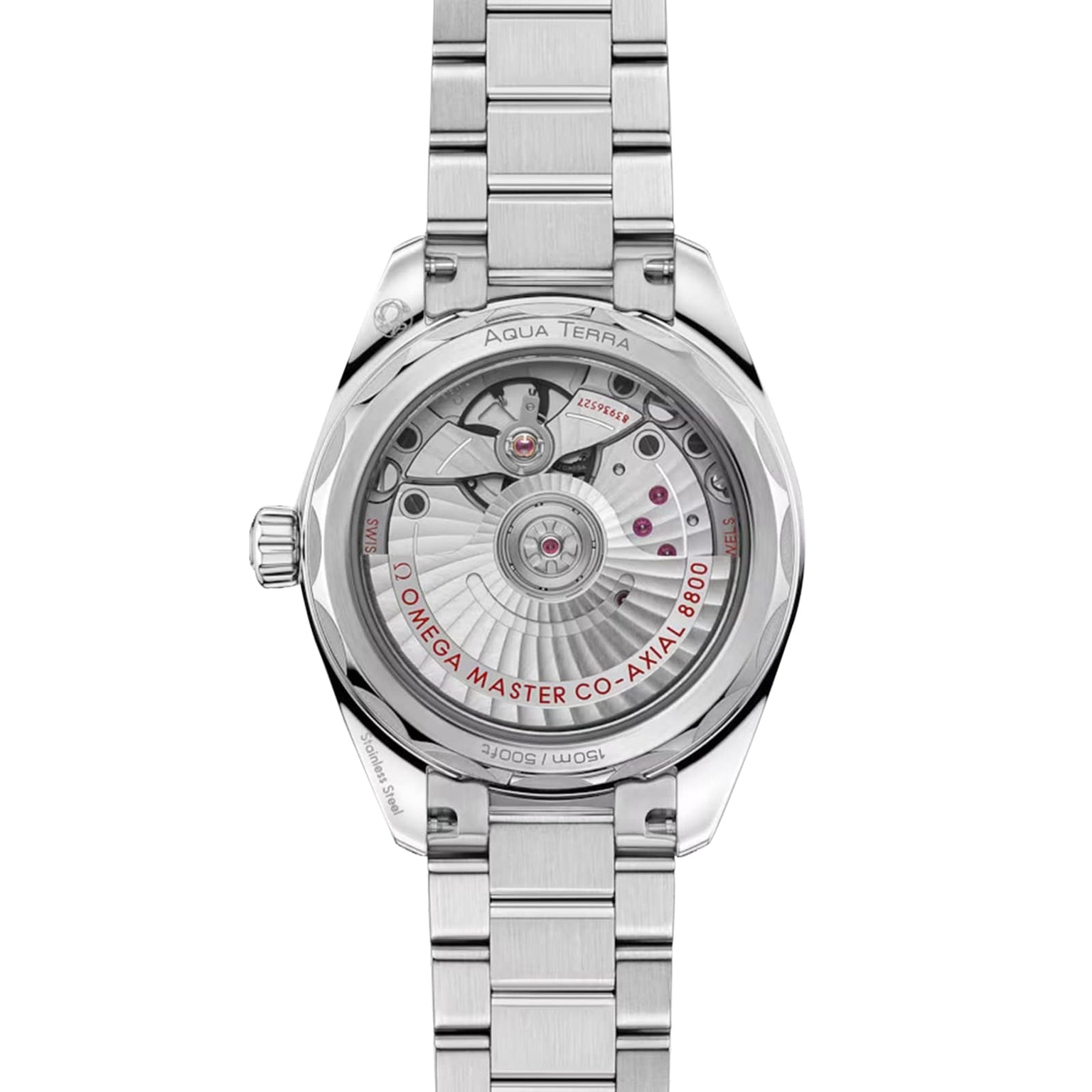 Back view of the OMEGA Seamaster Aqua Terra Shades watch featuring an exposed Master Chronometer Co-Axial 8800 movement, stainless steel case, and metal bracelet.