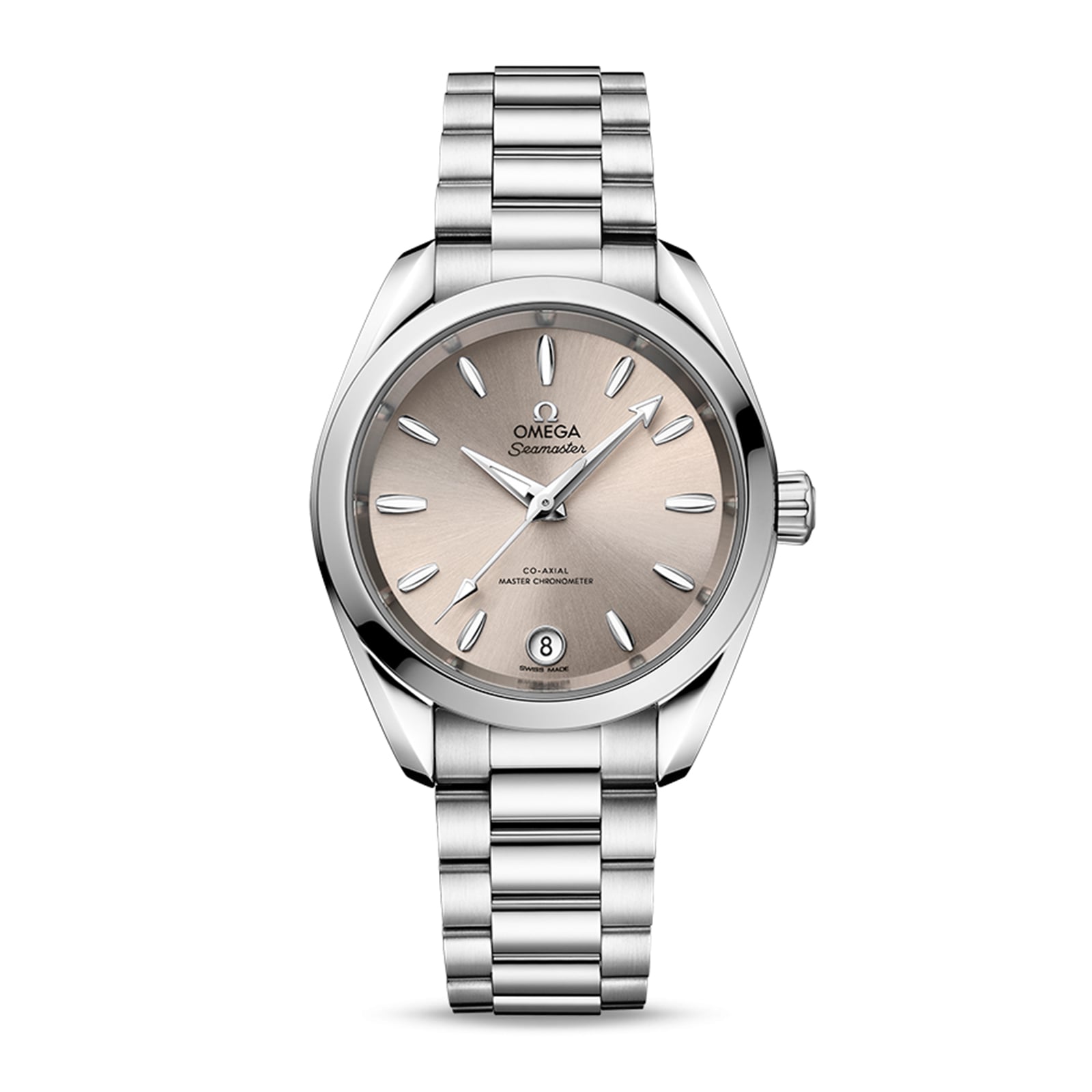 An OMEGA Seamaster Aqua Terra 150M wristwatch featuring a stainless steel case, silver dial with index markers, Master Chronometer 8800 calibre, date at 6 o’clock, and a metal link bracelet.