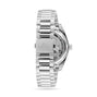 The image shows the back of an OMEGA Seamaster Aqua Terra 150M stainless steel wristwatch with a clasp engraved with the OMEGA logo and a partially visible transparent case back.