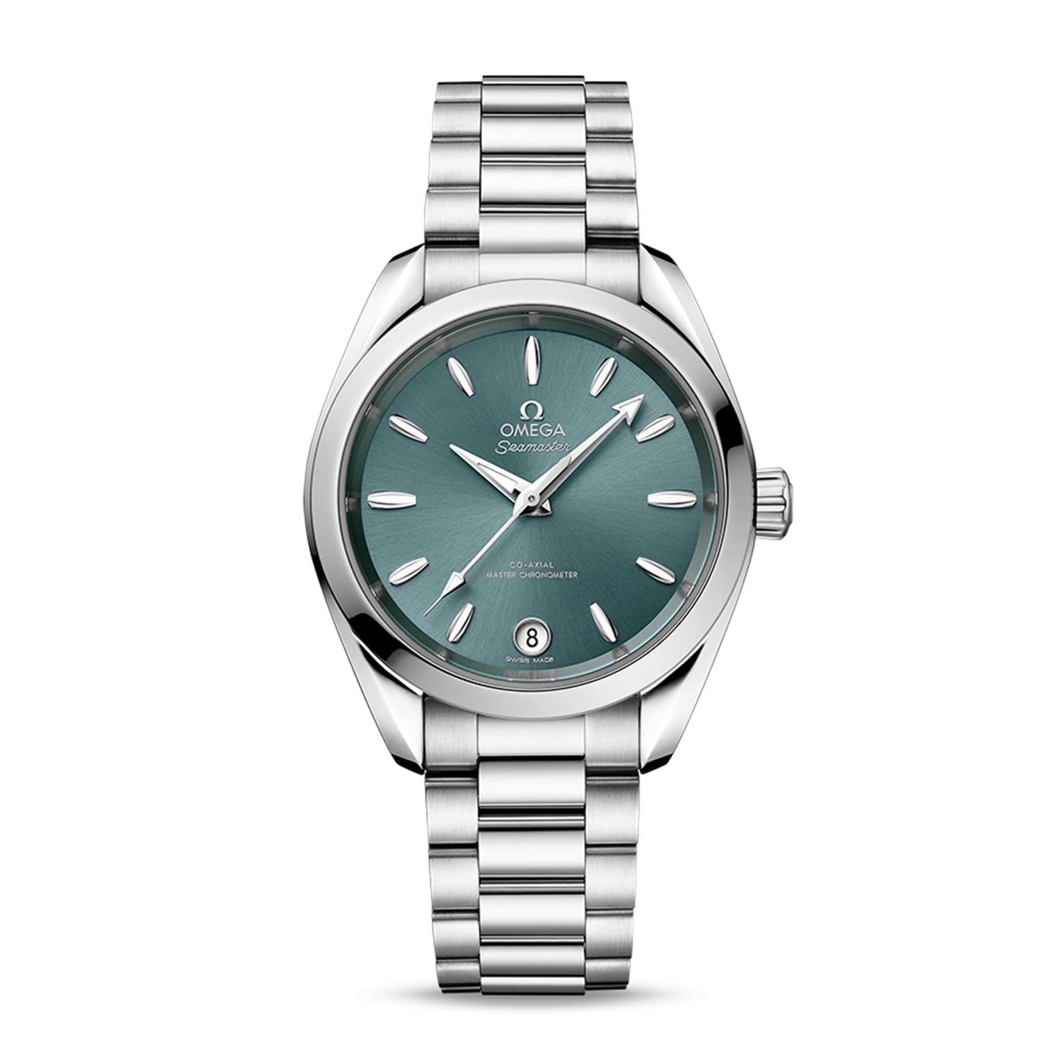 The OMEGA Seamaster Aqua Terra 150M features a stainless steel case, teal dial with silver markers, date at 6 o’clock, a metal link bracelet, and is powered by the precise 8800 calibre—reflecting OMEGA’s renowned maritime tradition.
