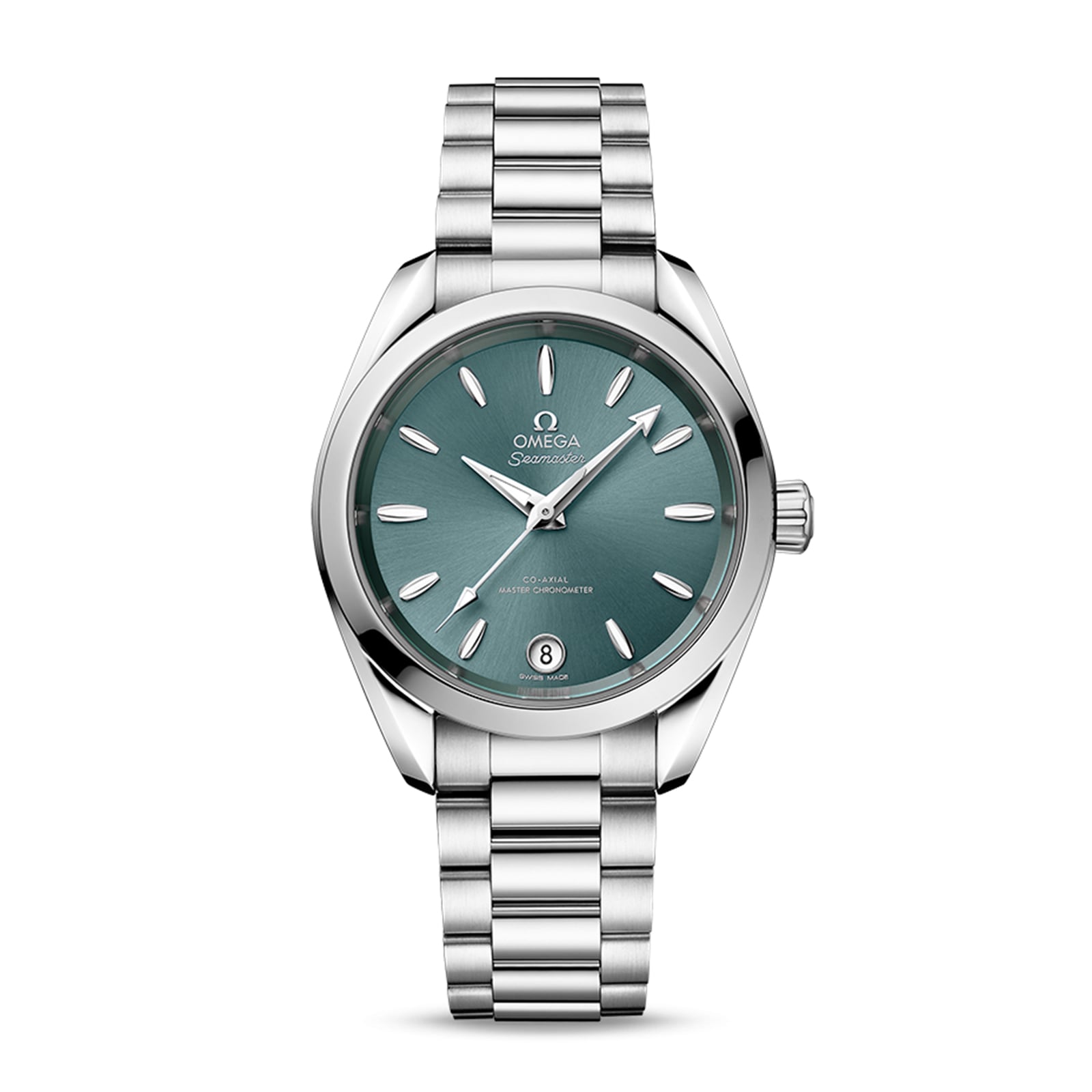 The OMEGA Seamaster Aqua Terra 150M features a stainless steel case, teal dial with silver markers, date at 6 o’clock, a metal link bracelet, and is powered by the precise 8800 calibre—reflecting OMEGA’s renowned maritime tradition.