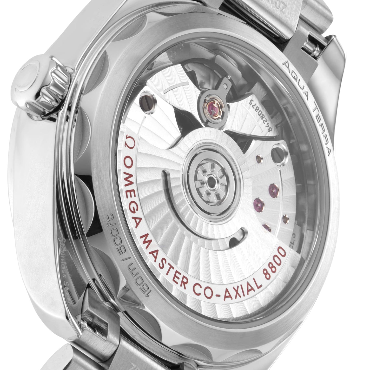 Close-up of the transparent caseback of the OMEGA Seamaster Aqua Terra 150M, showcasing its maritime heritage through the Master Co-Axial 8800 calibre movement with visible rotor and jewels.