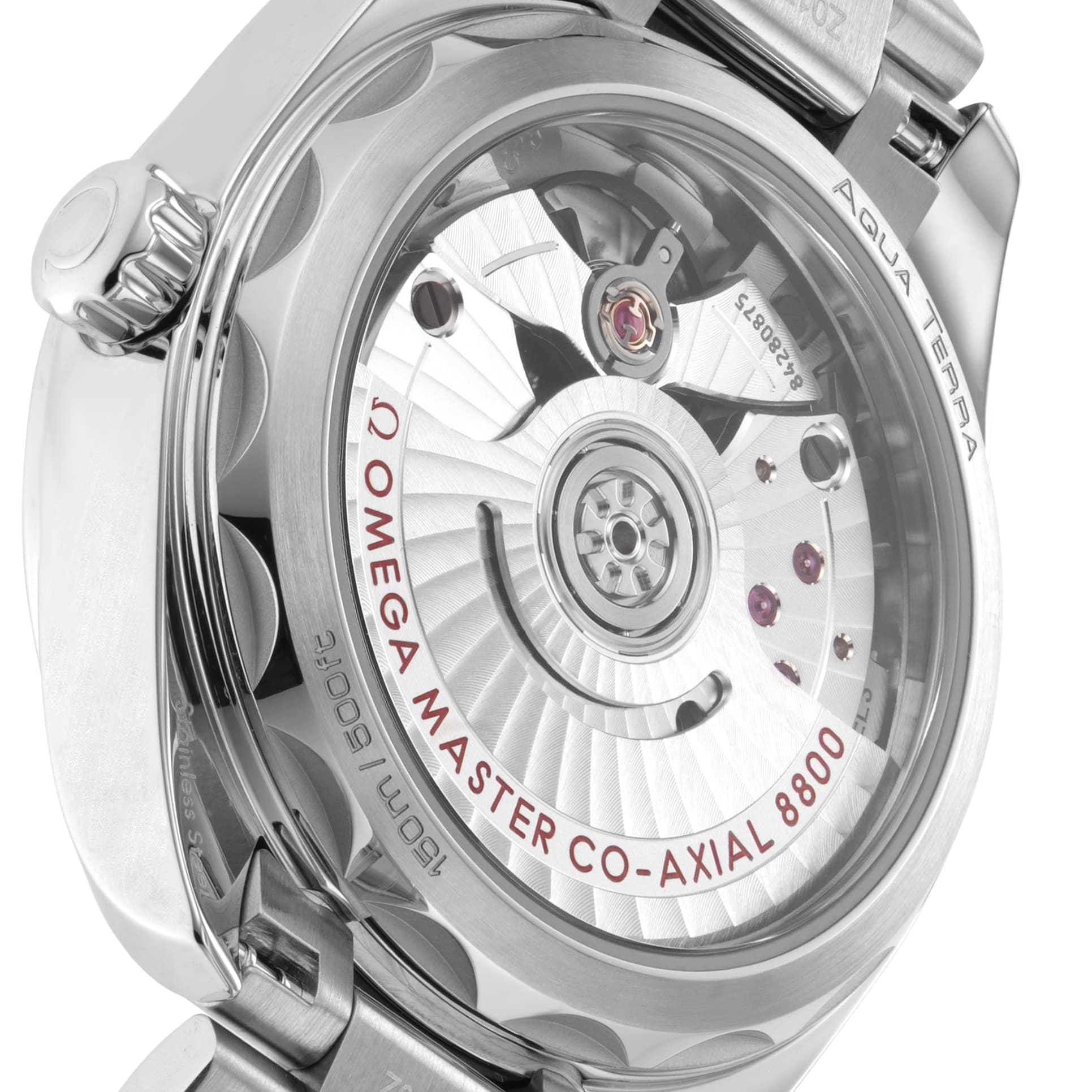 Close-up of the transparent caseback of the OMEGA Seamaster Aqua Terra 150M, showcasing its maritime heritage through the Master Co-Axial 8800 calibre movement with visible rotor and jewels.