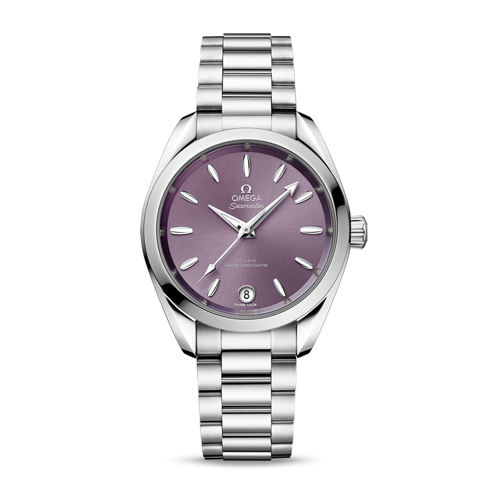 The OMEGA Seamaster Aqua Terra 150M is a stainless steel watch with a purple dial, silver hour markers, date at six o’clock, and a metal link bracelet reflecting its maritime heritage.