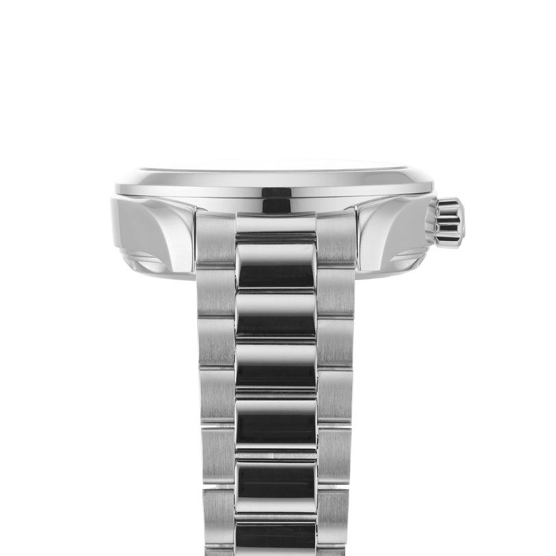 Close-up side view of the OMEGA Seamaster Aqua Terra 150M wristwatch in stainless steel with a metal link bracelet and visible crown, showcasing the brands maritime-inspired design.