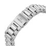 Close-up of an OMEGA Seamaster Aqua Terra 150M stainless steel bracelet, showcasing its folding clasp with the iconic OMEGA logo, reflecting the collection’s maritime heritage.