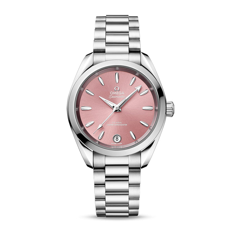 The OMEGA Seamaster Aqua Terra 150M features a stainless steel case, pink dial with silver hour markers, metal link bracelet, 8800 calibre movement, Seamaster logo, and a date window at 6 o’clock.