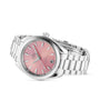 The OMEGA Seamaster Aqua Terra 150M is a stainless steel wristwatch with a silver band, pink dial, silver hour markers, date at 6 oclock, and runs on the precise 8800 calibre movement.