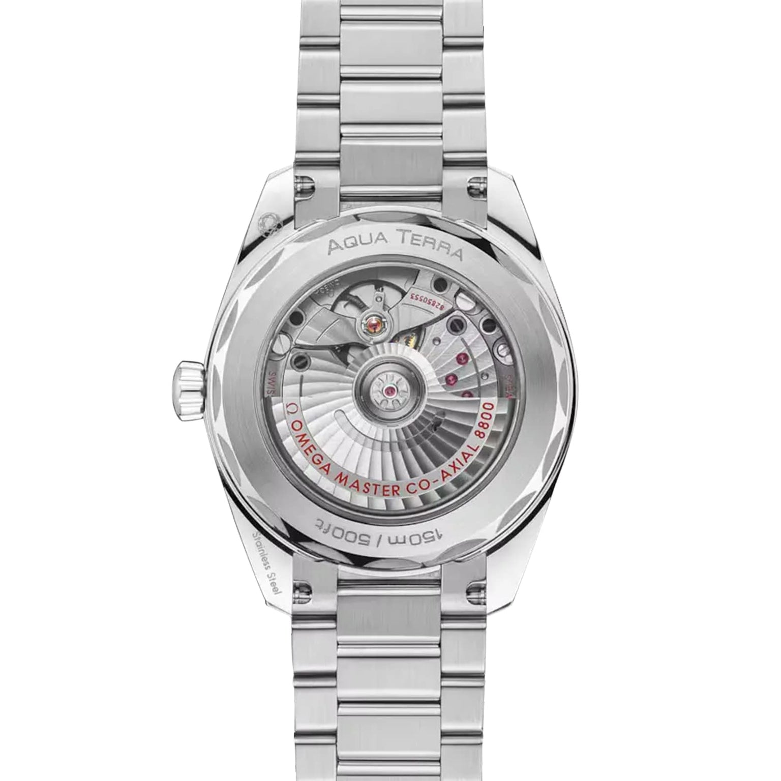 Back view of the OMEGA Seamaster Aqua Terra 150M, highlighting its heritage and 8800 calibre movement through a transparent case back with detailed engravings.