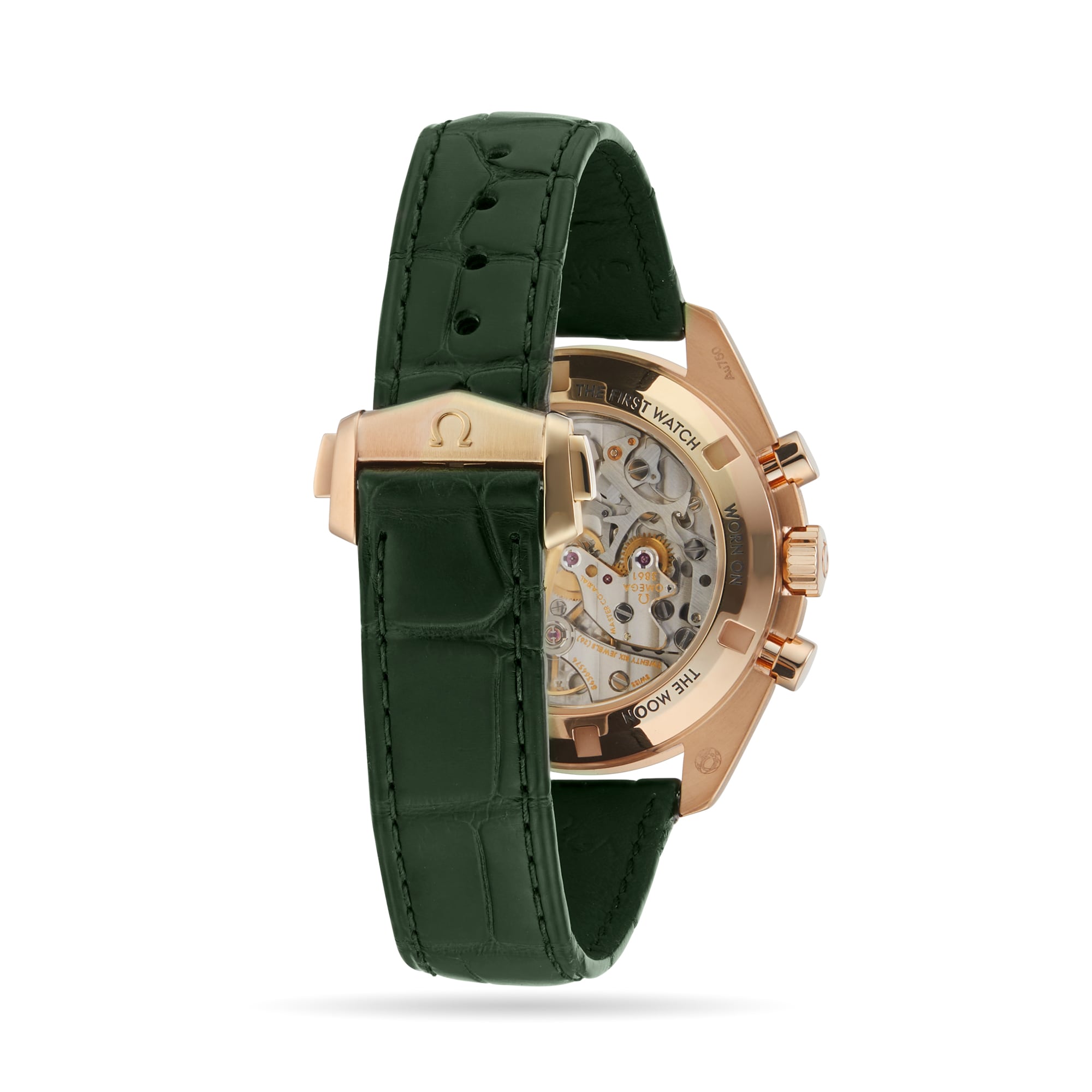 Back view of the OMEGA Speedmaster Moonwatch Professional, showcasing a green leather strap and a transparent case back revealing the Co-Axial Master Chronometer movement.