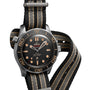 OMEGA Seamaster Diver 300M James Bond 007 Edition with black dial, bold hour markers, rotating bezel, and a black-beige NATO strap—a striking titanium diver’s watch shown against a white background.