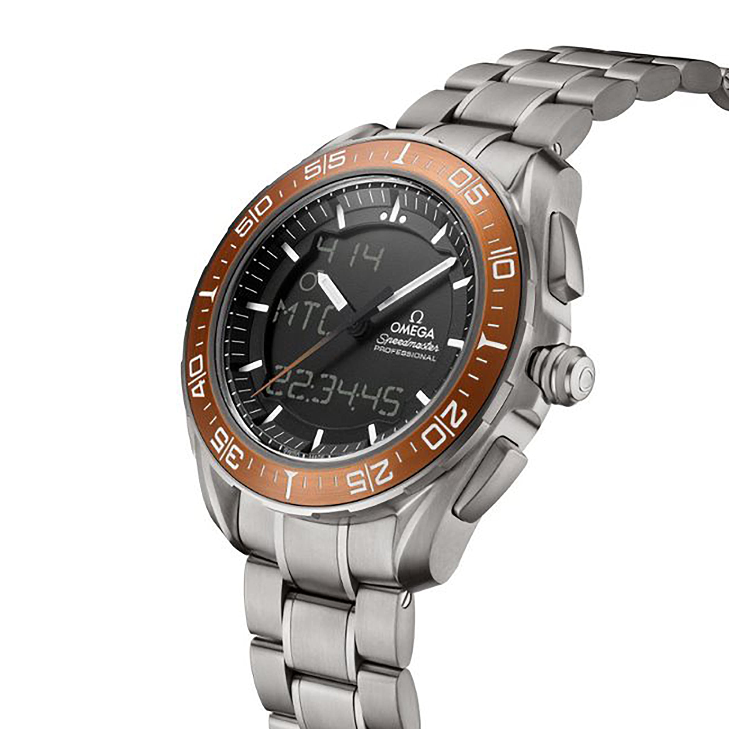 An OMEGA Speedmaster X‑33 Marstimer wristwatch in stainless steel with analog and digital display, red hematite bezel, and link bracelet.