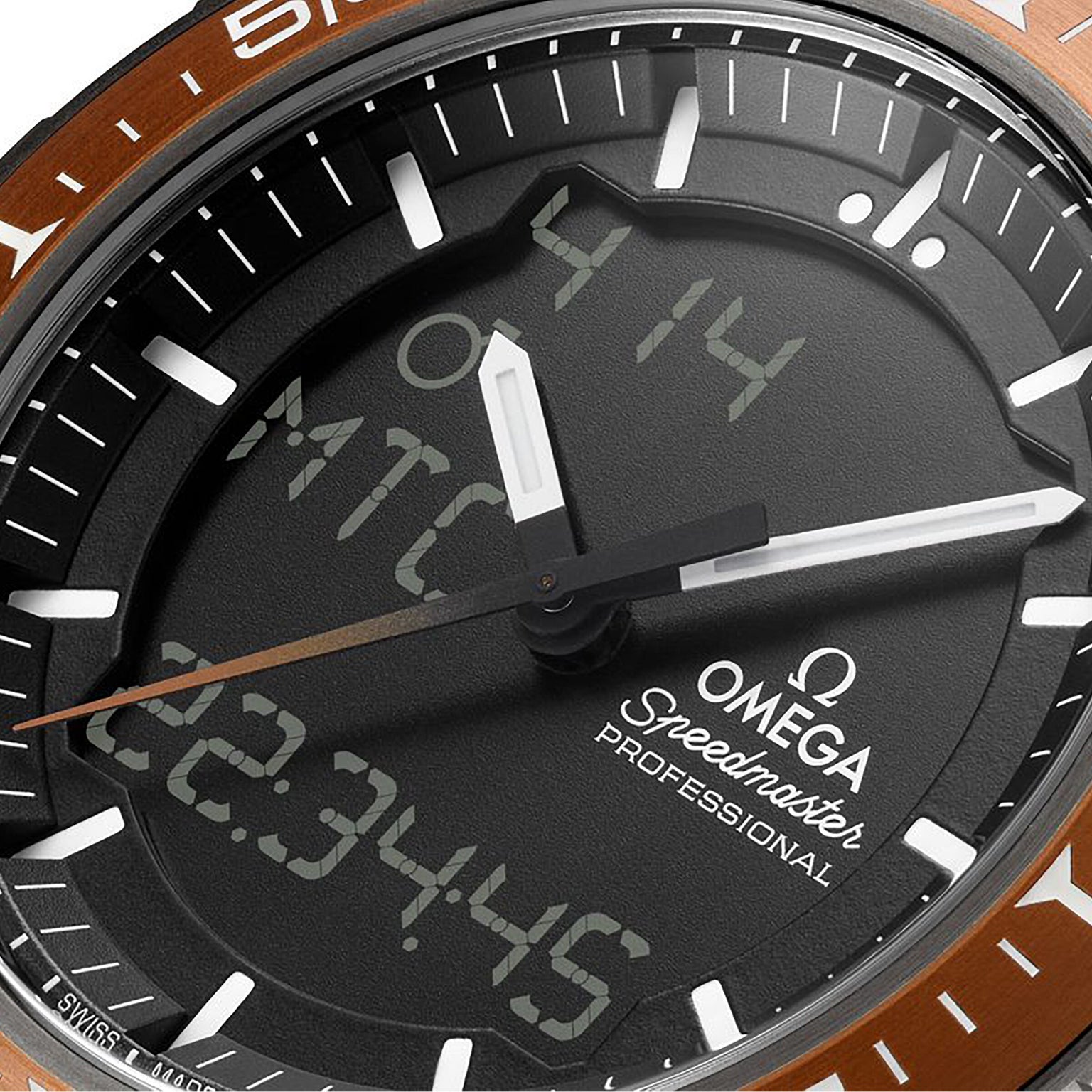 Close-up of the OMEGA Speedmaster X‑33 Marstimer, showcasing analog hands, a digital display on the dial, and a bold red hematite bezel.