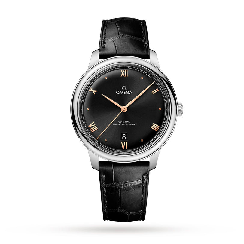 The OMEGA De Ville Prestige wristwatch features a black leather strap, black dial, gold Roman numerals, stainless steel case, and a date window at 6 o’clock, shown against a white background.