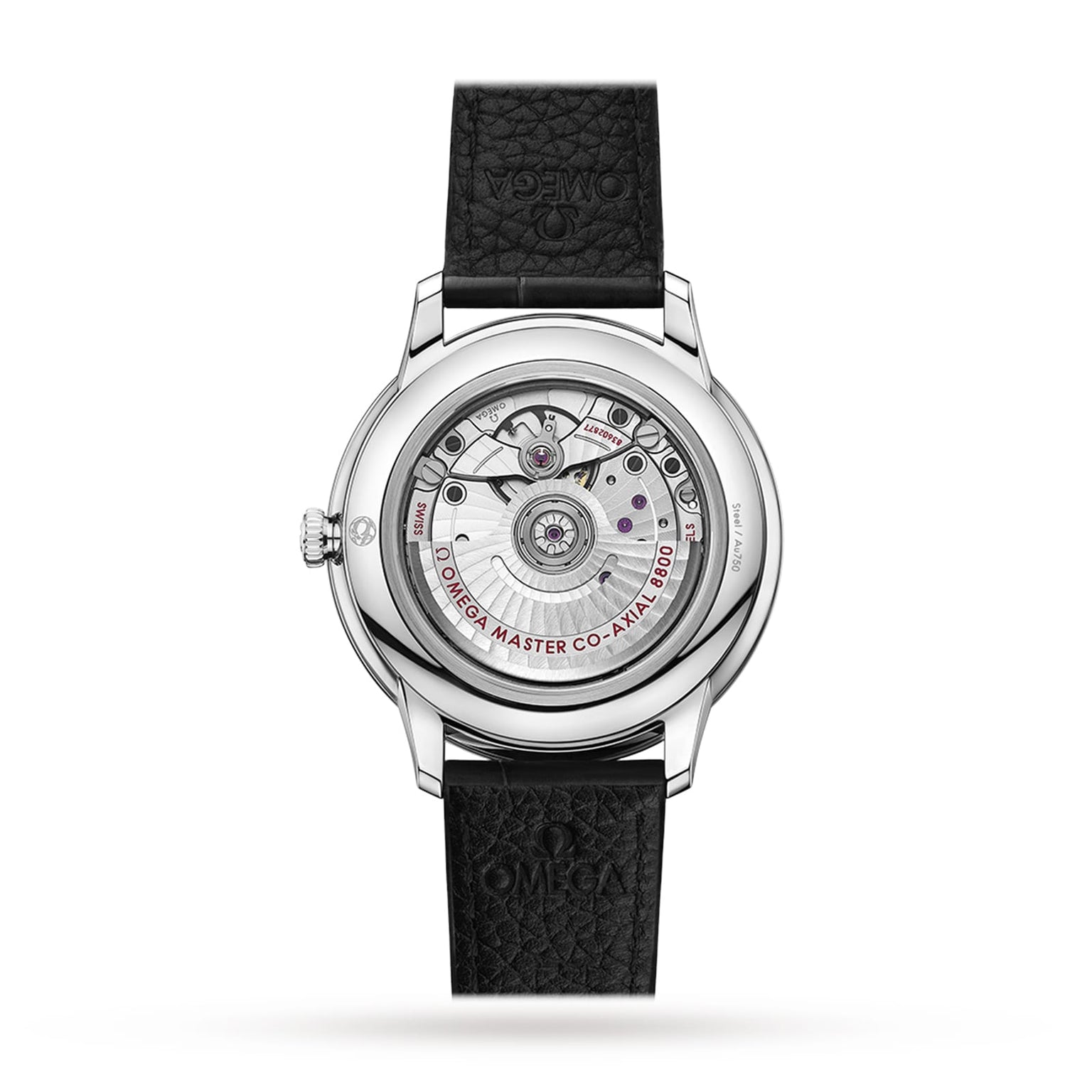 The OMEGA De Ville Prestige features a stainless steel case, transparent caseback revealing the Master Chronometer movement, and a black textured strap.