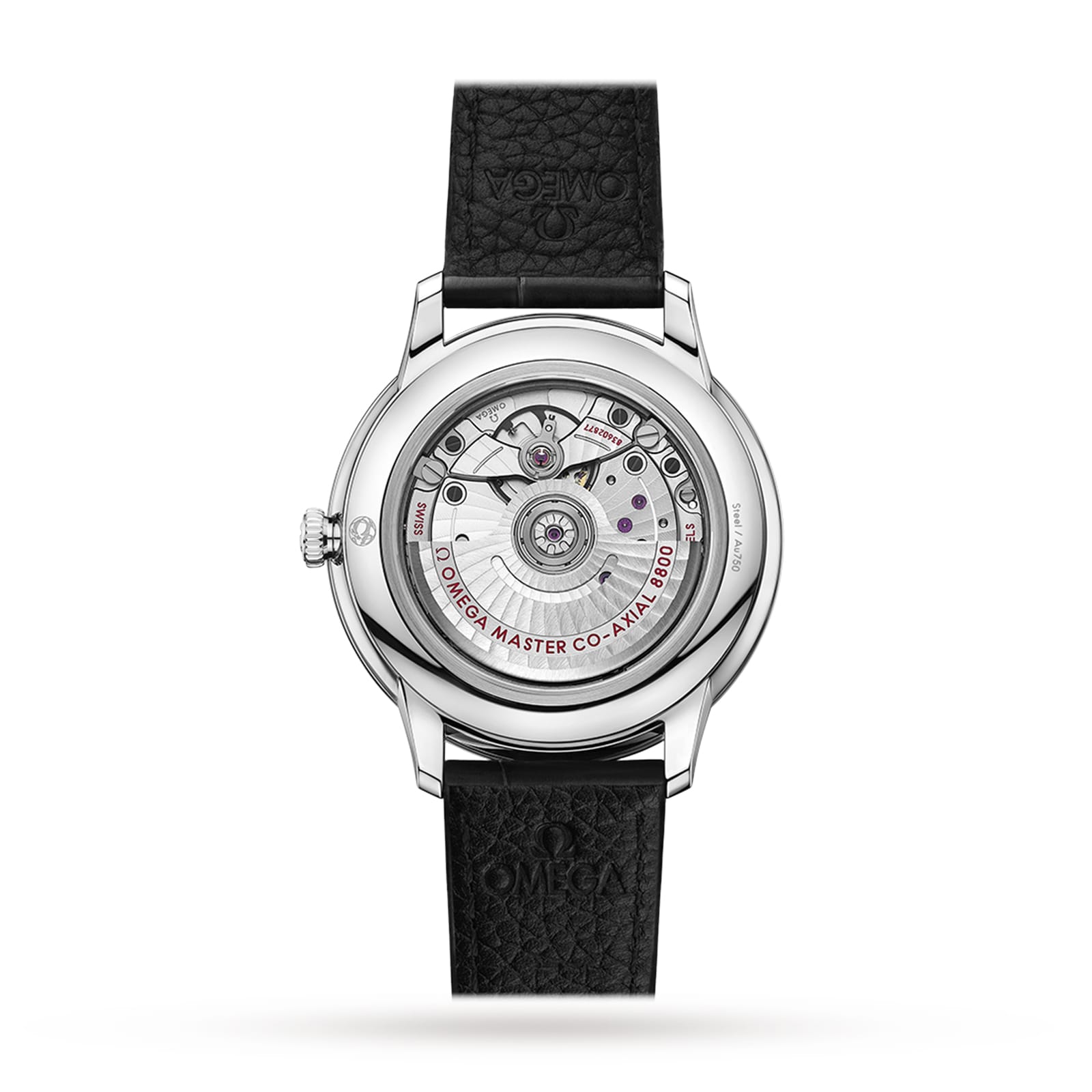 The OMEGA De Ville Prestige features a stainless steel case, transparent caseback revealing the Master Chronometer movement, and a black textured strap.