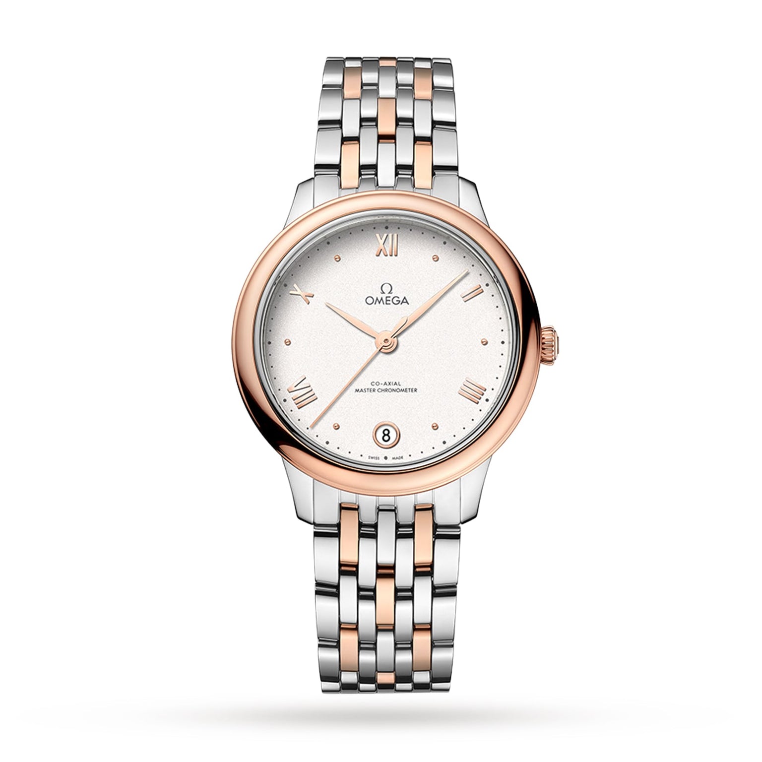 The OMEGA De Ville Prestige features a stainless steel and Sedna™ Gold band, white dial with Roman numerals, date window at 6 o’clock, and is Master Chronometer certified for outstanding precision.
