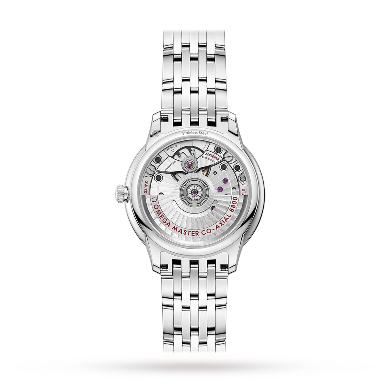 Back view of the OMEGA De Ville Prestige, showing its exposed mechanical movement and engraved details through a transparent case back on this Master Chronometer certified watch.