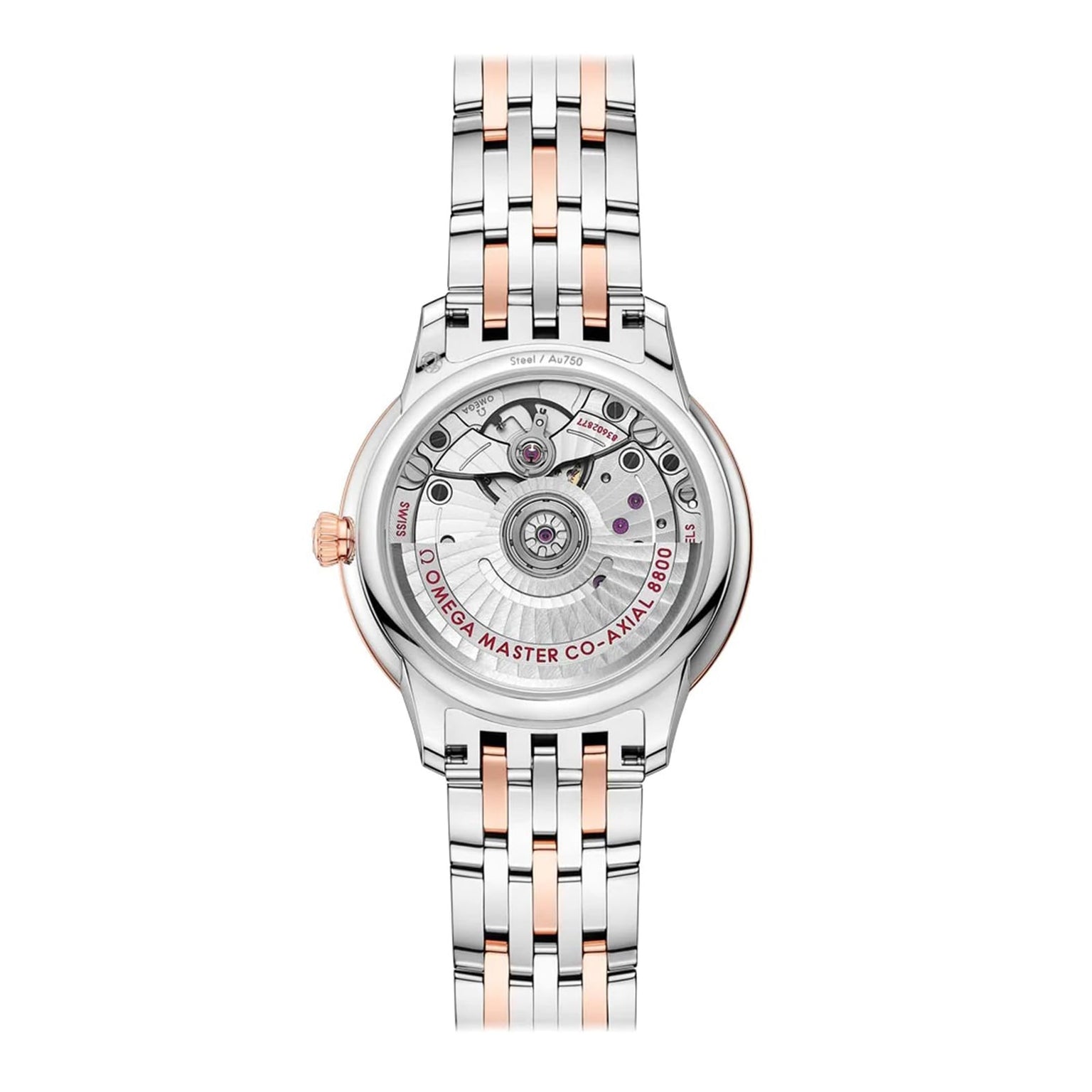Back view of the OMEGA De Ville Prestige showing the exposed Master Co-Axial 8800 movement through a transparent case back.