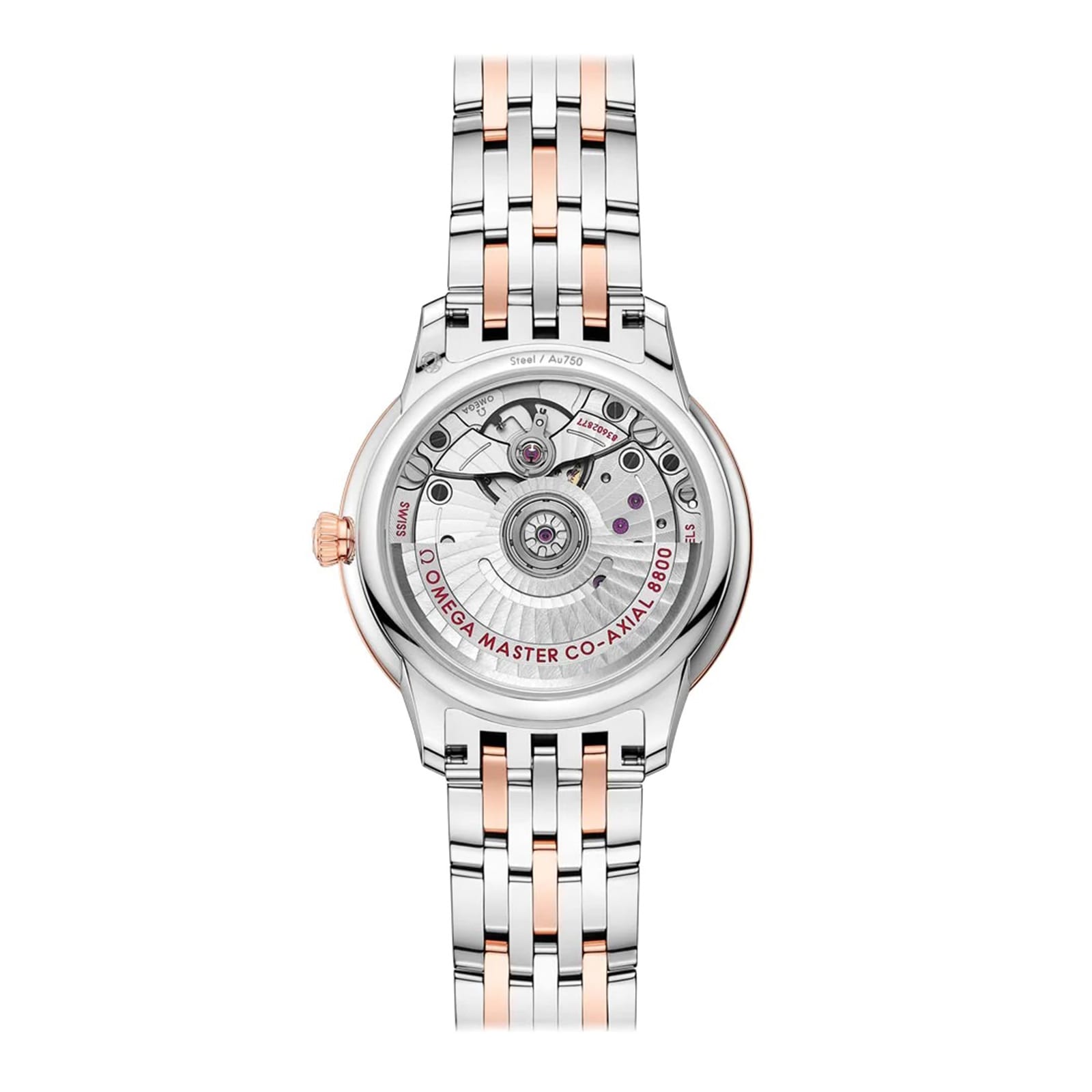 Back view of the OMEGA De Ville Prestige showing the exposed Master Co-Axial 8800 movement through a transparent case back.