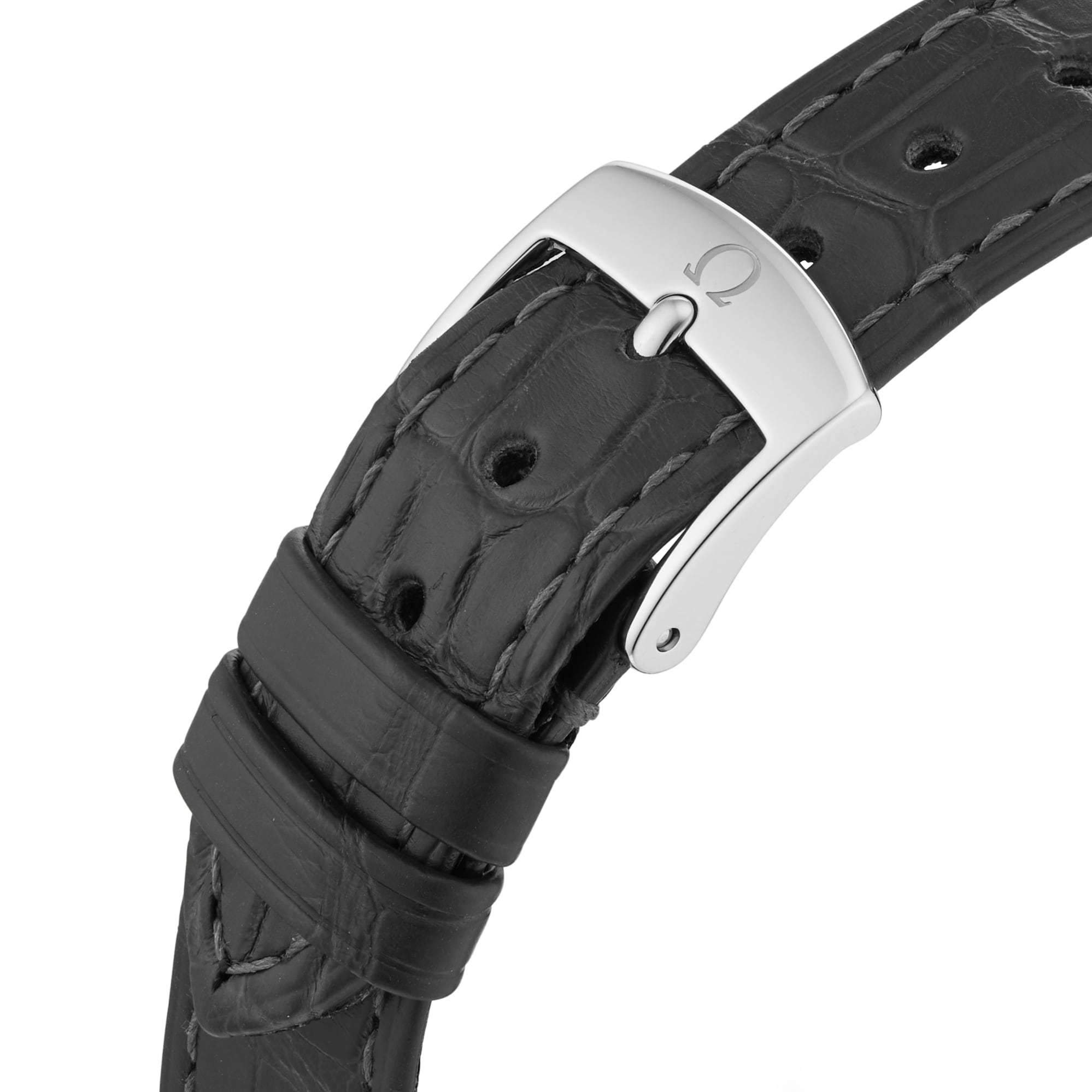 Close-up of a black leather strap with crocodile texture, featuring a silver buckle engraved with the OMEGA logo, as seen on the De Ville Prestige.