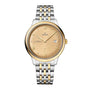 The OMEGA De Ville Prestige features a two-tone gold and silver bracelet, gold textured dial with Roman numerals, date at 3 o’clock, and is powered by the Master Co-Axial 8802 movement.