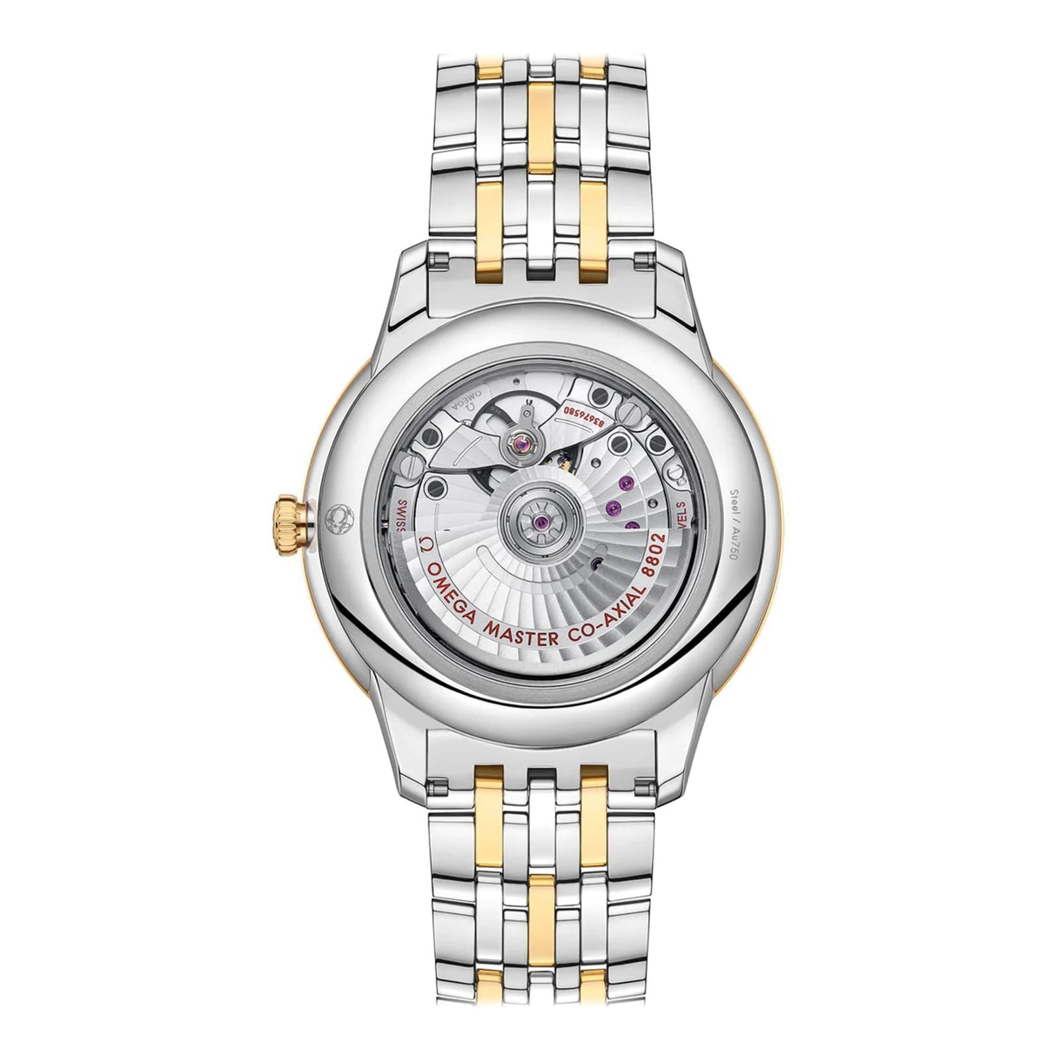 The back view of the OMEGA De Ville Prestige wristwatch features a silver and gold metal bracelet, its exposed Master Co-Axial 8802 movement, and engraved markings.