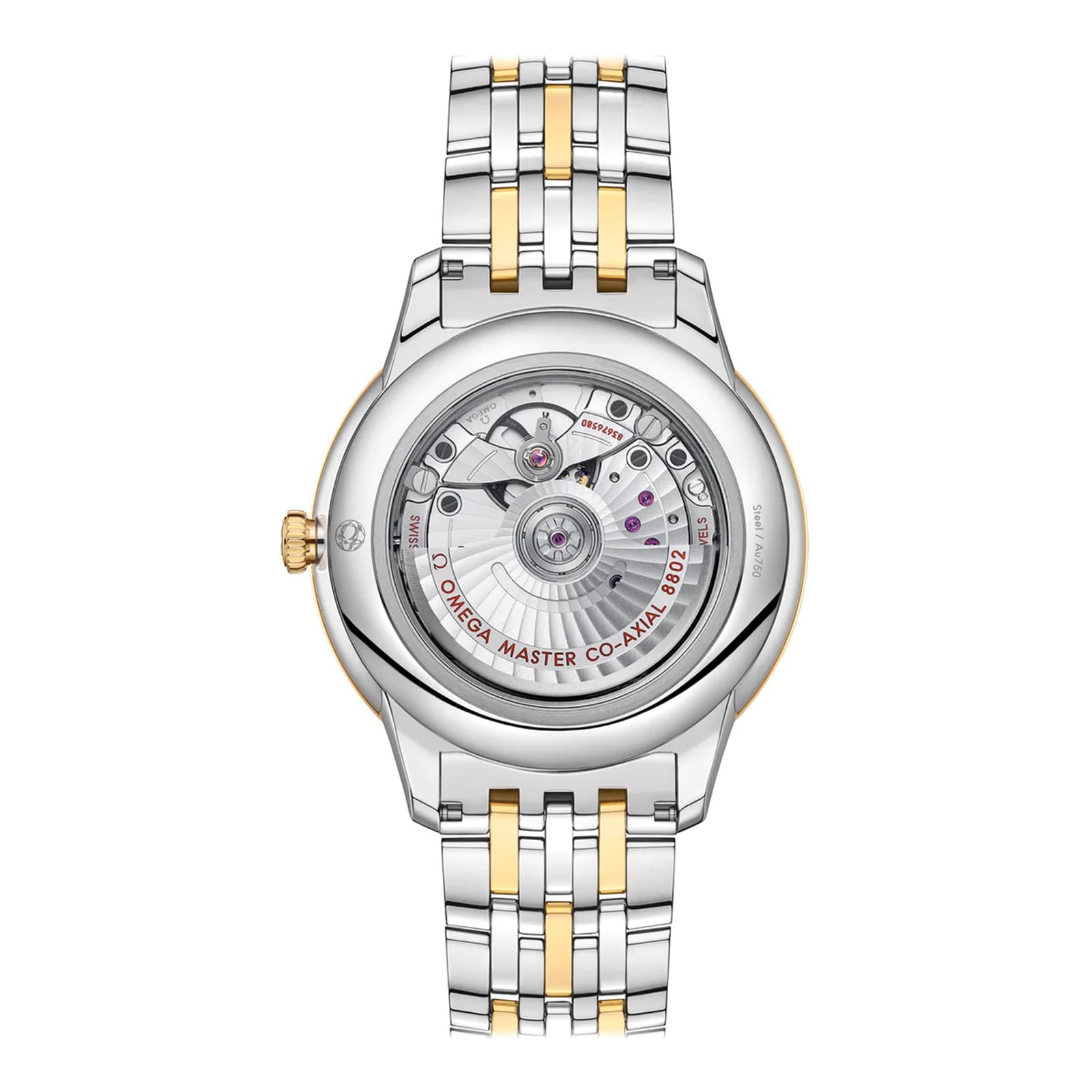 The back view of the OMEGA De Ville Prestige wristwatch features a silver and gold metal bracelet, its exposed Master Co-Axial 8802 movement, and engraved markings.
