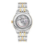 The back view of the OMEGA De Ville Prestige wristwatch features a silver and gold metal bracelet, its exposed Master Co-Axial 8802 movement, and engraved markings.
