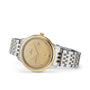 The OMEGA De Ville Prestige wristwatch features a two-tone gold bezel, gold dial, silver and gold bracelet, Roman numerals, date window at 3 oclock, subdial above 6 oclock, and the Omega Master Co-Axial 8802 movement.