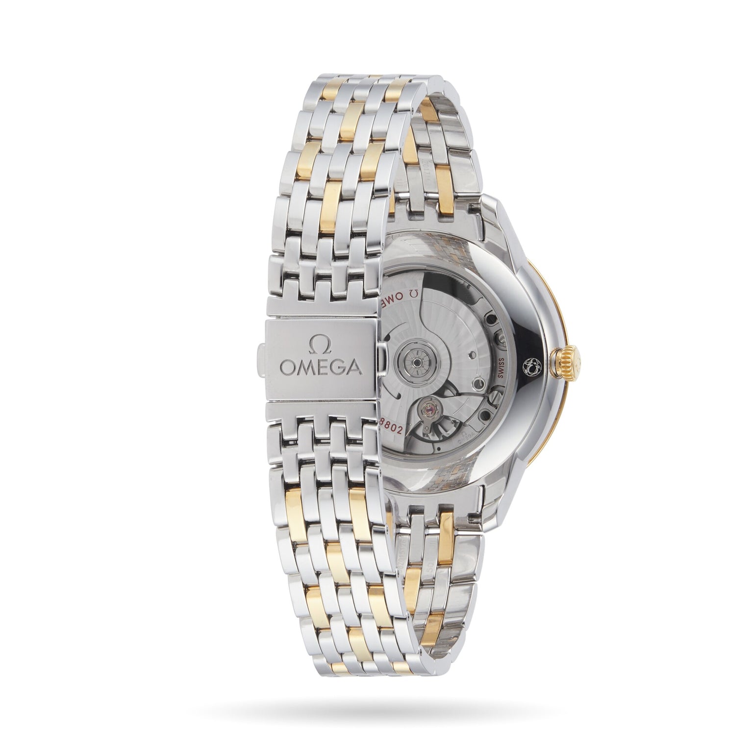 Back view of the OMEGA De Ville Prestige wristwatch featuring a two-tone metal bracelet, Omega logo clasp, and transparent case back displaying the Master Chronometer movement.