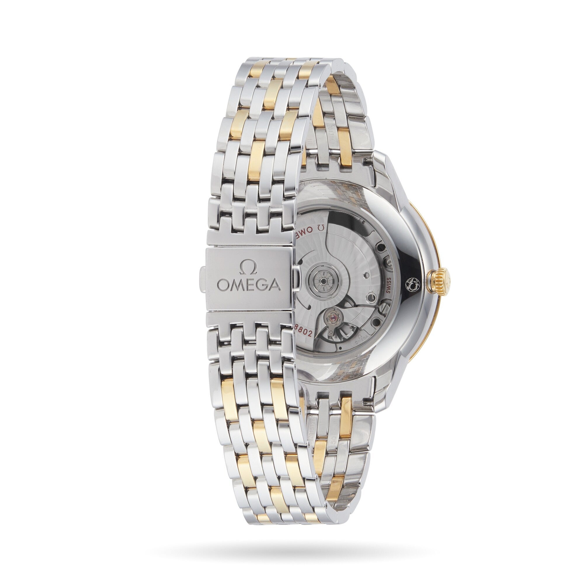Back view of the OMEGA De Ville Prestige wristwatch featuring a two-tone metal bracelet, Omega logo clasp, and transparent case back displaying the Master Chronometer movement.
