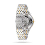 Back view of the OMEGA De Ville Prestige wristwatch featuring a two-tone metal bracelet, Omega logo clasp, and transparent case back displaying the Master Chronometer movement.