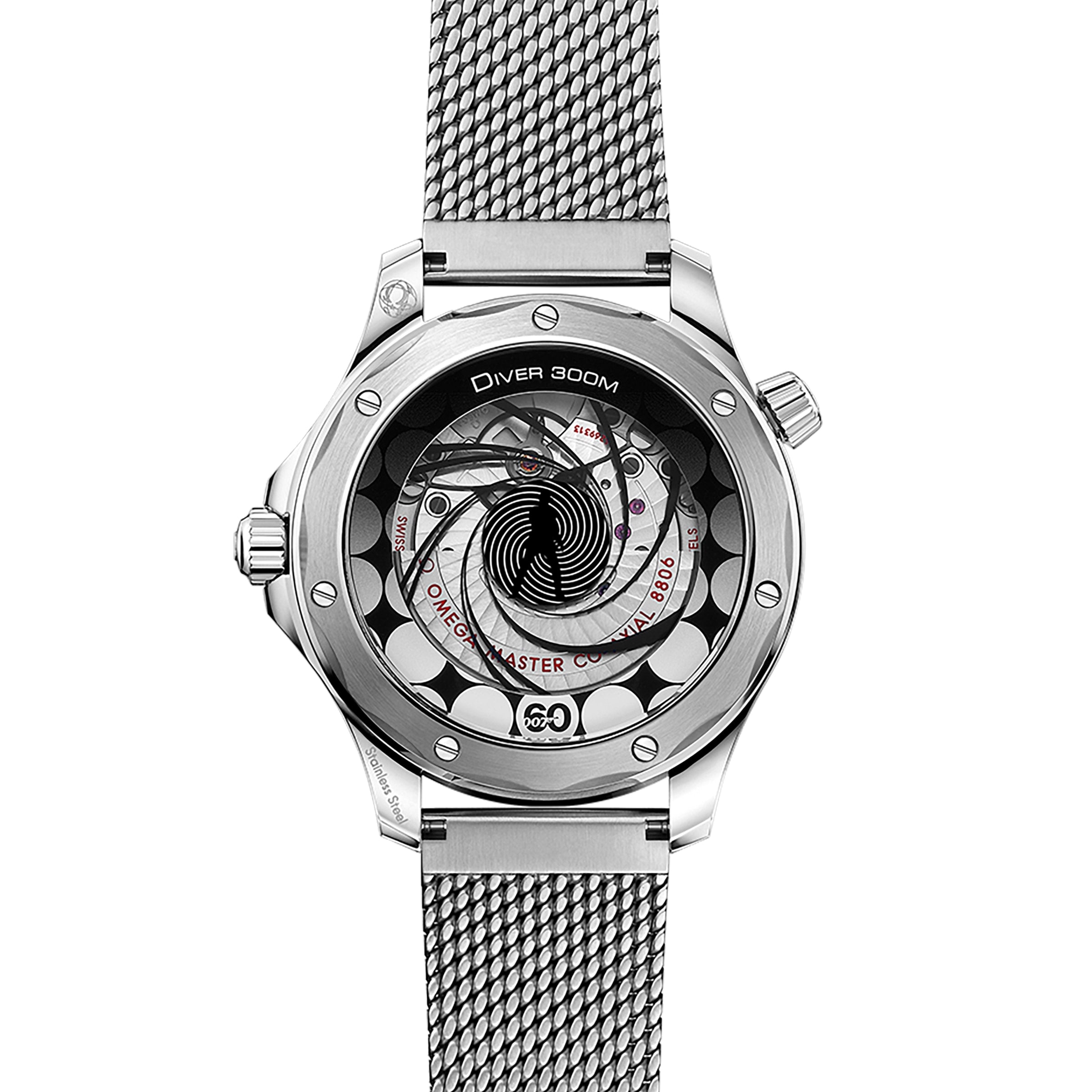 Back view of the OMEGA Seamaster Diver 300M James Bond 007 60th Anniversary watch with a mesh strap and transparent case displaying the Master Co-Axial 8806 movement and signature spiral design.
