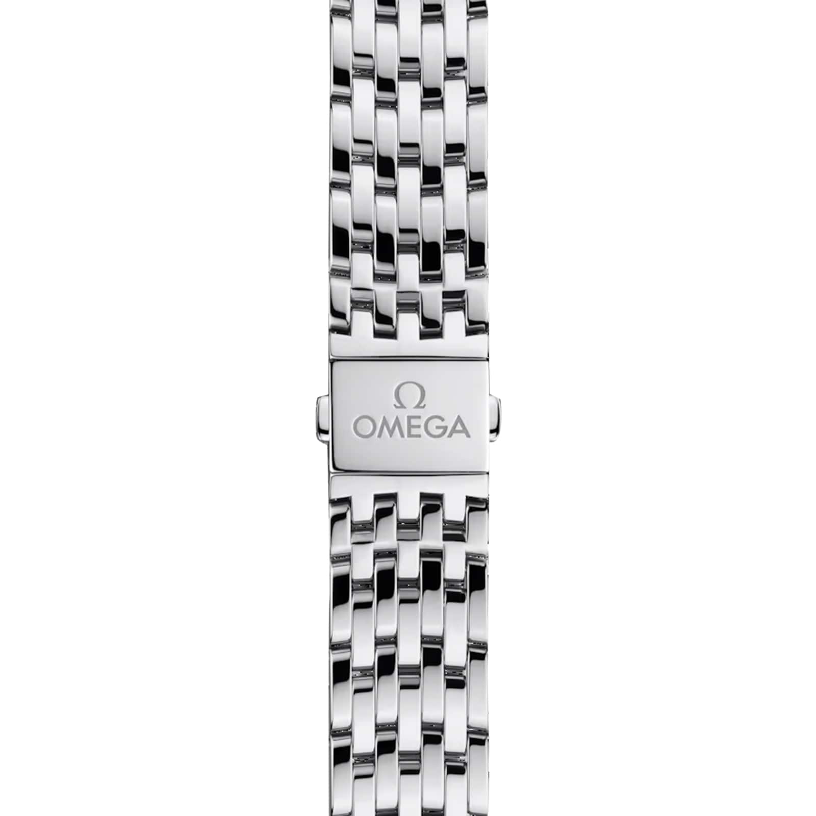 Close-up of a stainless steel bracelet with the OMEGA logo and name engraved on the clasp—an elegant detail from the OMEGA De Ville Prestige collection.