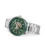 The OMEGA Seamaster Aqua Terra 150M is a stainless steel wristwatch with a green bezel and dial, gold hour markers, and a world map design at the center, featuring a robust case and metal link bracelet.