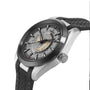 A silver and black OMEGA Seamaster Aqua Terra 150M wristwatch with a titanium case, textured black strap, world cities on the dial, and a central map design, photographed against a white background.
